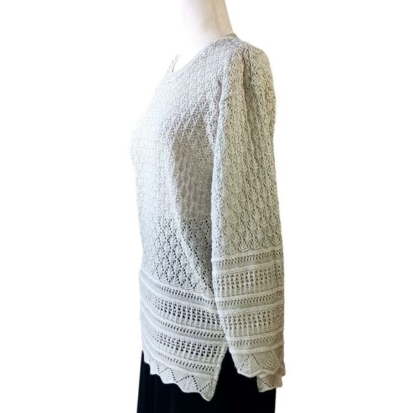 VINTAGE Open Knit Sweater Scalloped Edges Lacey Cotton Silvered Ivory Size L - Picture 2 of 11